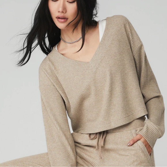 ALO Yoga Sweaters - Alo Yoga Muse V-Neck Pullover Ribbed Sweatshirt Gravel Heather